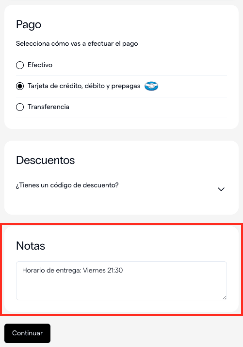 Campo Notas en el checkout con un ejemplo de horario de entrega